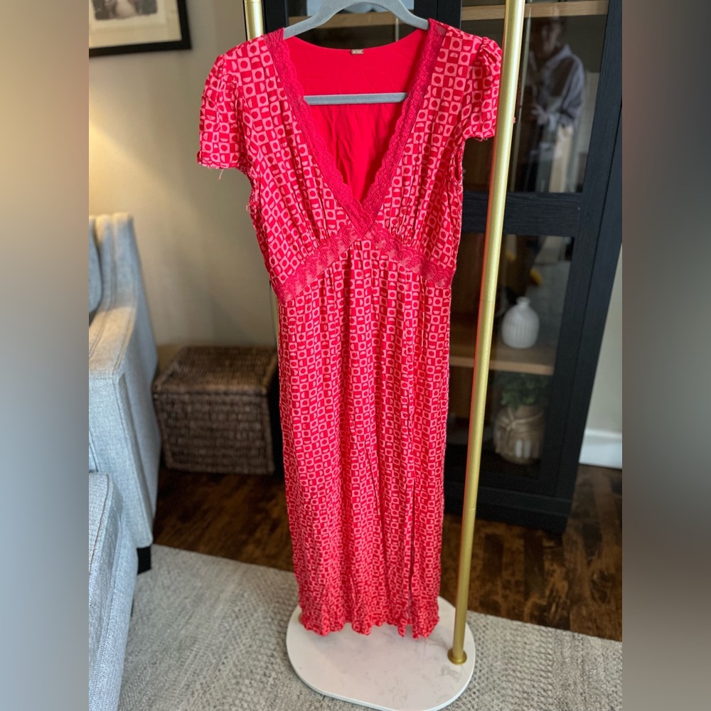 Free People Red Geometric Maxi Dress raw edges